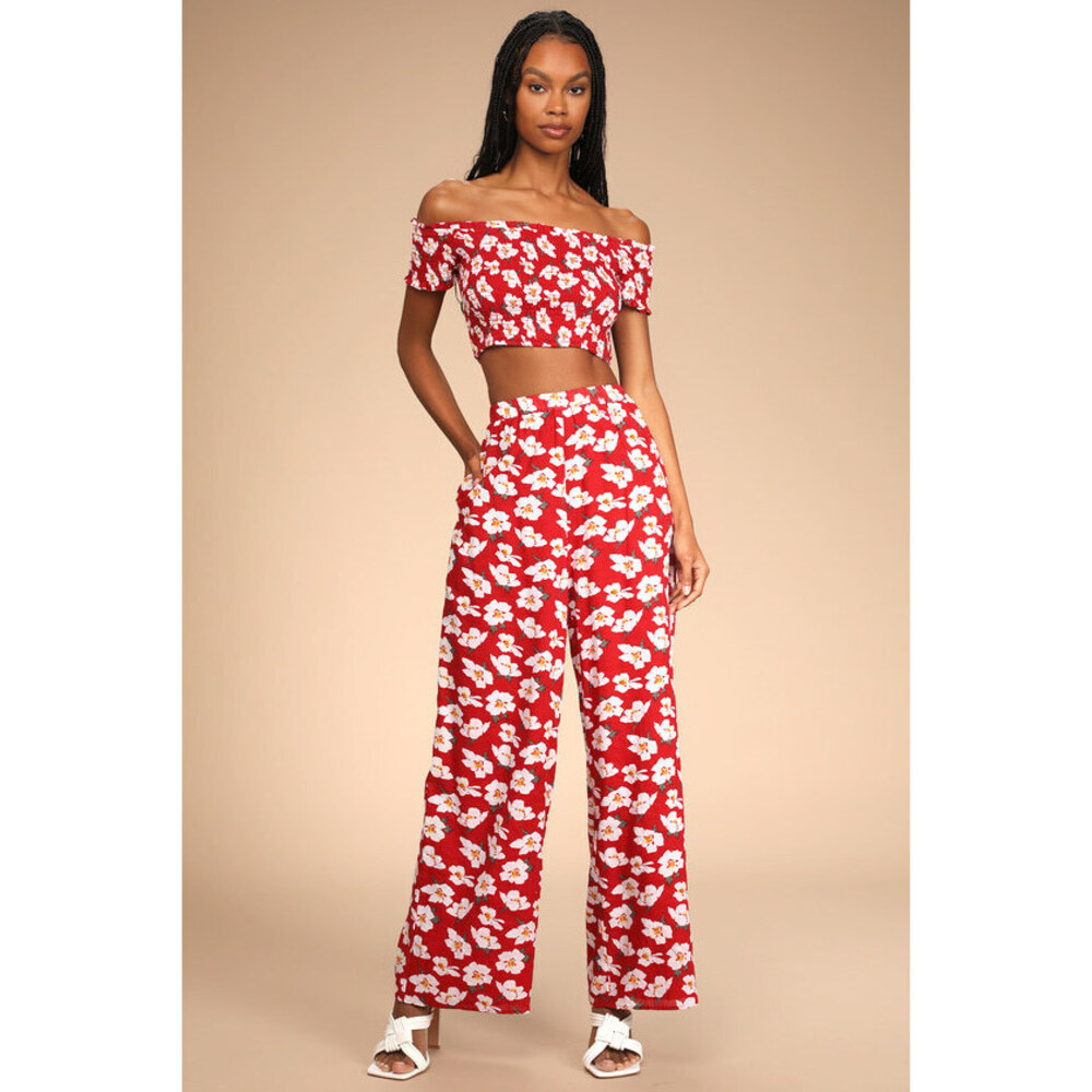 NWT Lulus Red Floral Print Smocked Two-piece Jumpsuit - Size S